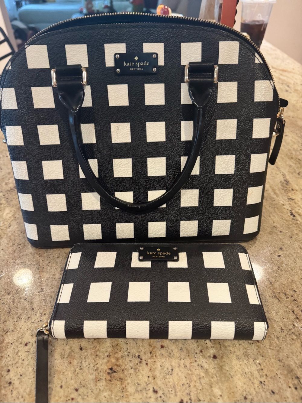 kate spade Black and White Check Dome Satchel with Wallet